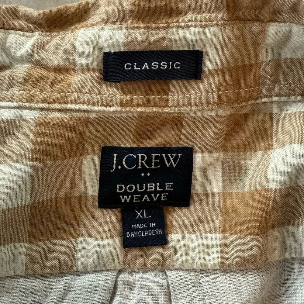 J. Crew Men’s Double Weave Tan and White Checkered Shirt, Size XL